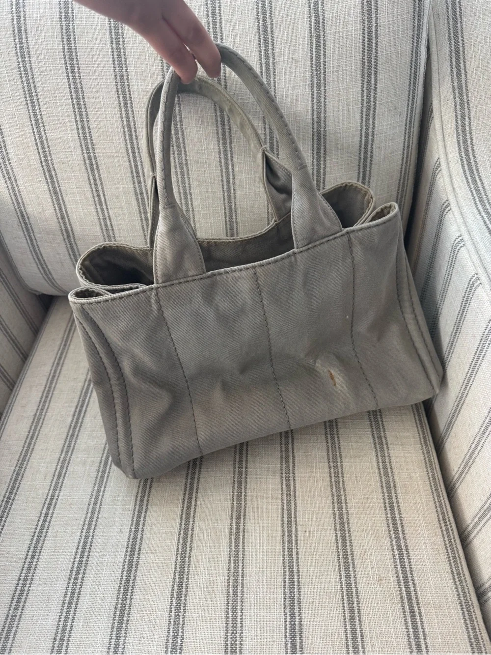 Prada Canvas Tote in Taupe Gray with White Logo